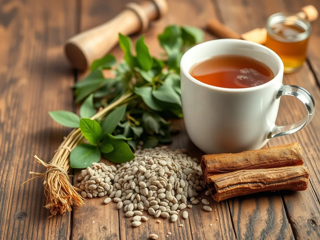 Zioła na zaparcia i wzdęcia: senes, babka płesznik, kora kruszyny na drewnianym stole