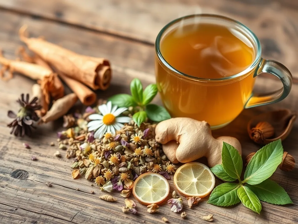 Zioła na refluks - zioła takie jak lukrecja, rumianek, imbir i melisa na drewnianym tle, obok filiżanki z naparem ziołowym. Obrazek powinien symbolizować naturalne metody łagodzenia zgagi i refluksu.