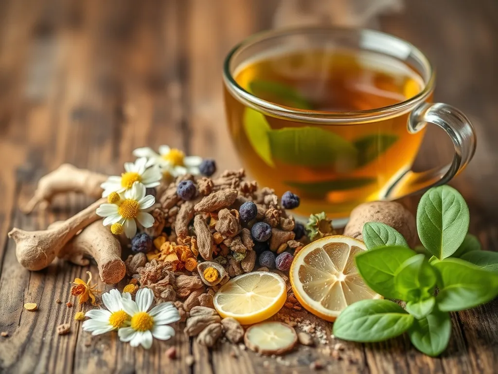 Zioła na refluks - zioła takie jak lukrecja, rumianek, imbir i melisa na drewnianym tle, obok filiżanki z naparem ziołowym. Obrazek powinien symbolizować naturalne metody łagodzenia zgagi i refluksu.