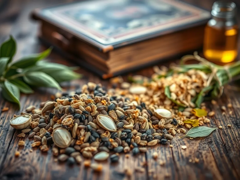 Zioła wspomagające obniżenie cholesterolu. Na pierwszym planie mieszanka suszonych ziół takich jak karczoch, kozieradka, czarnuszka i zielona herbata, ułożona na drewnianym blacie. W tle subtelnie widoczna jest księga o ziołolecznictwie oraz szklana fiolka z płynem. Całość utrzymana w naturalnych, zielono-brązowych barwach, podkreślająca spokój i domowe metody dbania o zdrowie.