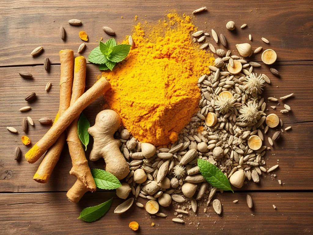 Zioła wspierające trzustkę, takie jak kurkuma, mniszek lekarski i ostropest plamisty, prezentowane na drewnianej desce z dodatkiem liści i kwiatów.